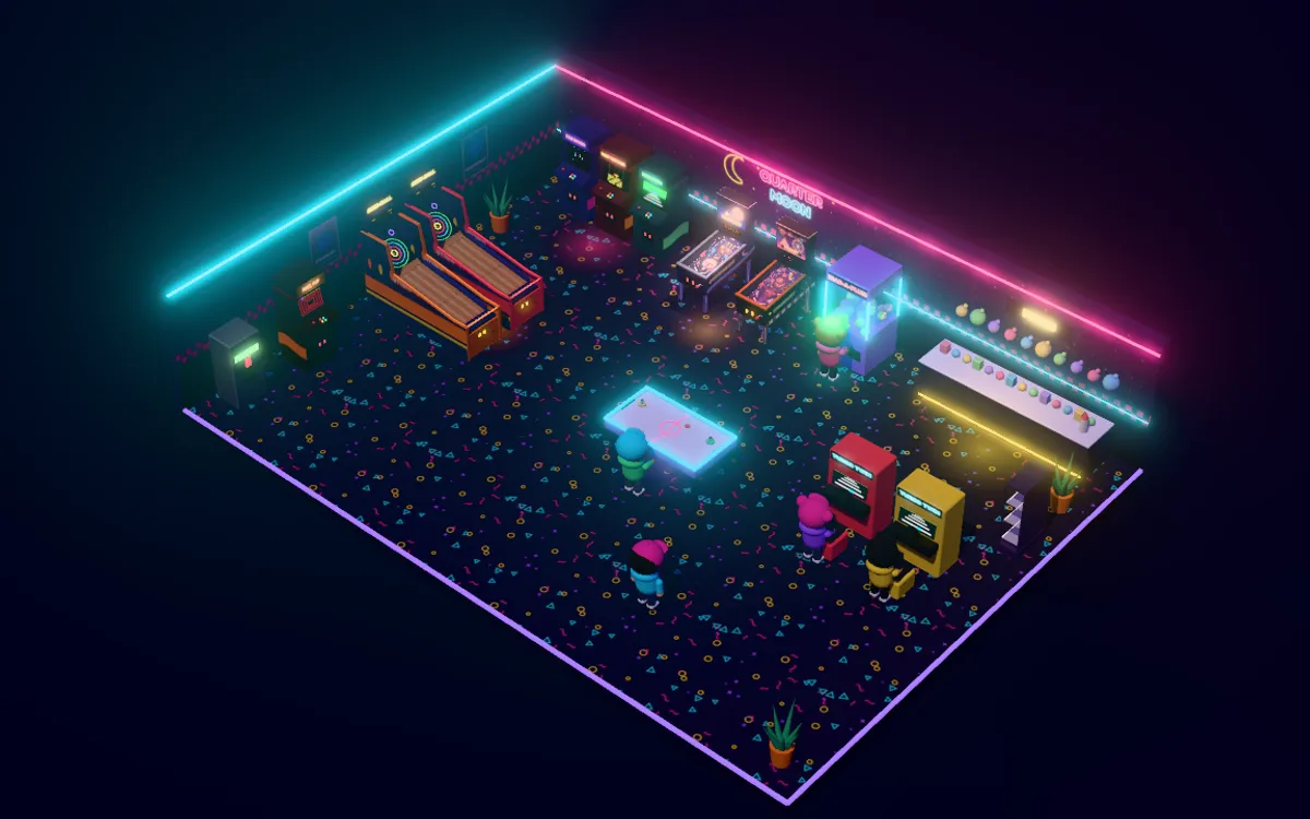 Quarter Moon: a neon-lit arcade floor with pinball machines and Skee-Ball lanes