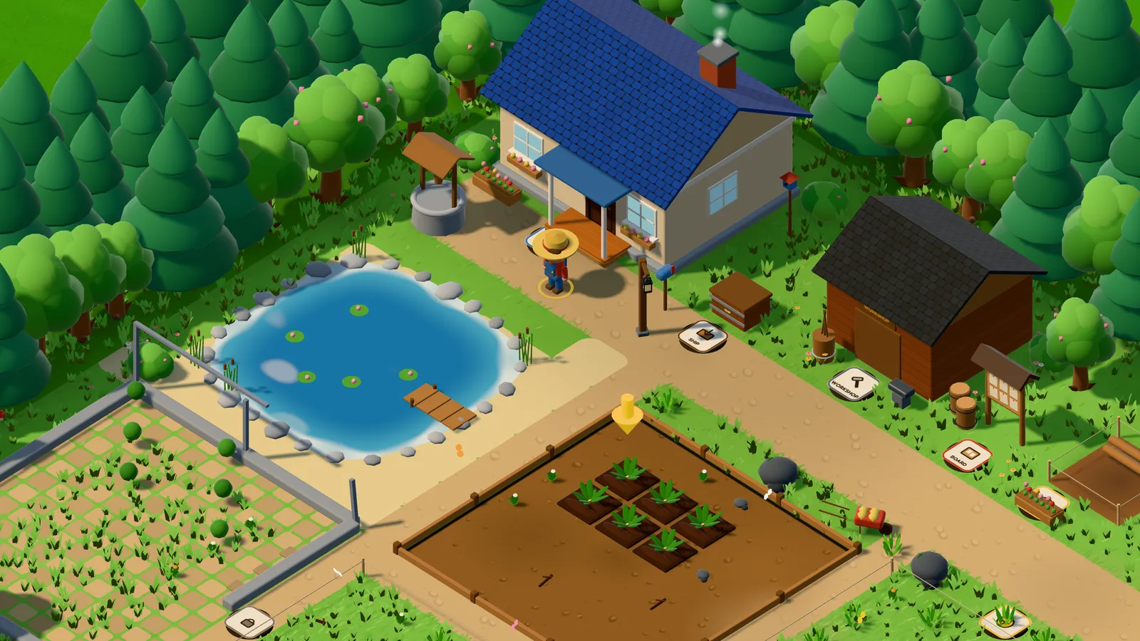 Bumper Crop: a farmhouse, a pond and young crops, seen from above