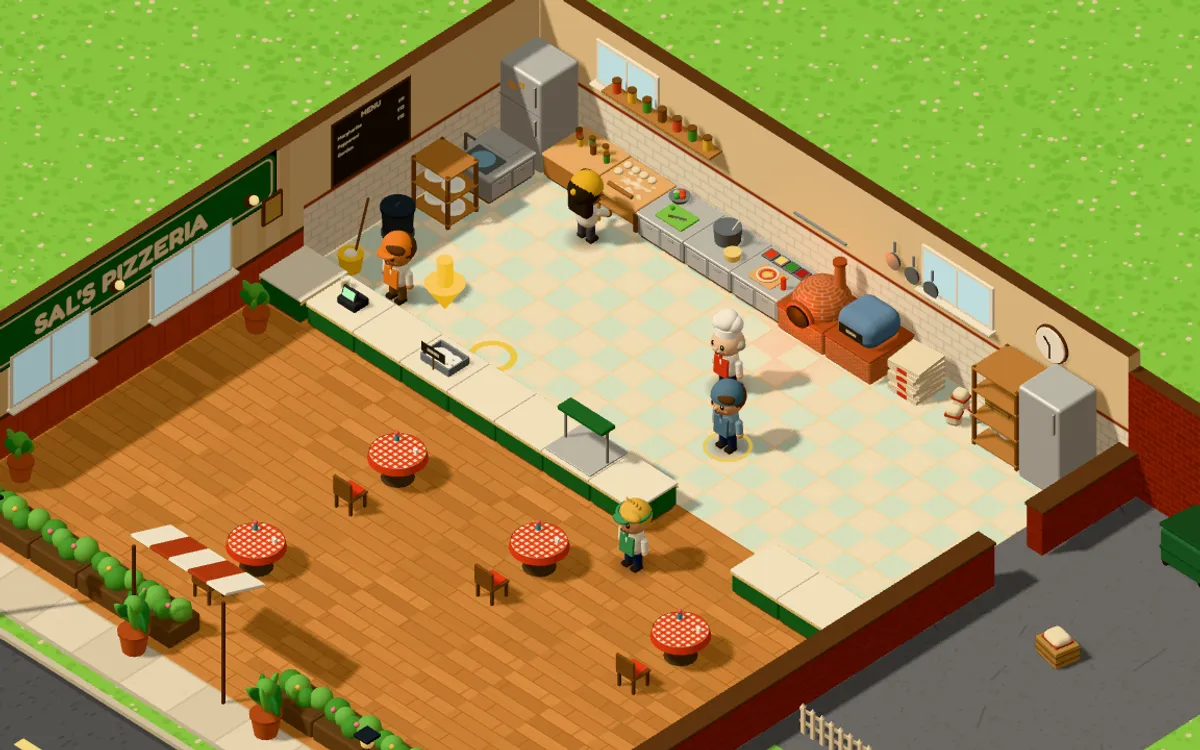 Rising Dough: the inside of a corner pizzeria, with tables, a counter and the oven